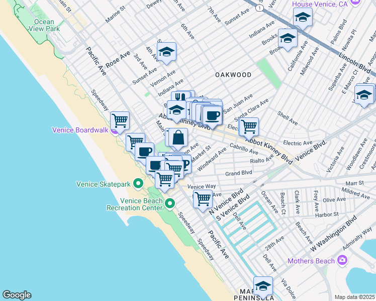map of restaurants, bars, coffee shops, grocery stores, and more near 216 San Juan Avenue in Los Angeles