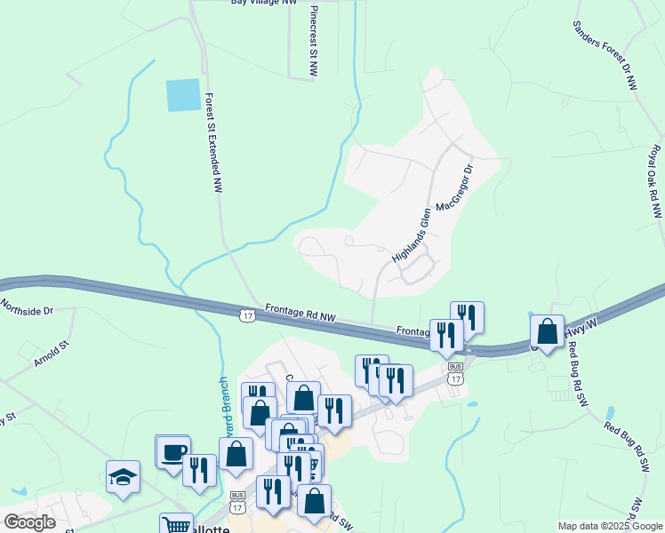 map of restaurants, bars, coffee shops, grocery stores, and more near 43 Highland Forest Circle in Shallotte