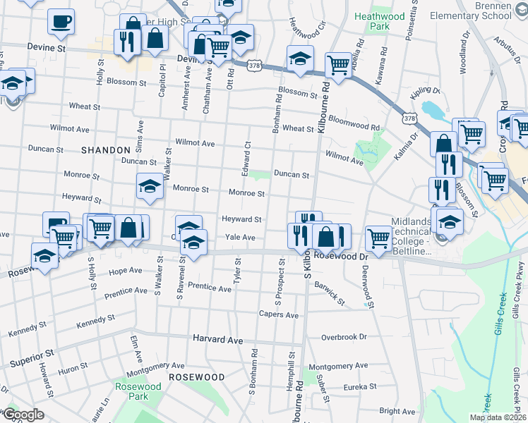 map of restaurants, bars, coffee shops, grocery stores, and more near 116 Bonham Road in Columbia