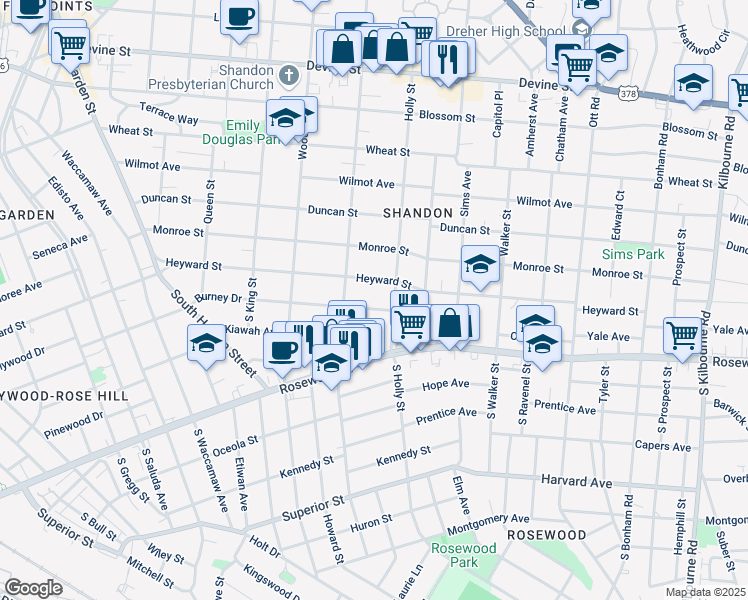 map of restaurants, bars, coffee shops, grocery stores, and more near 2825 Burney Drive in Columbia