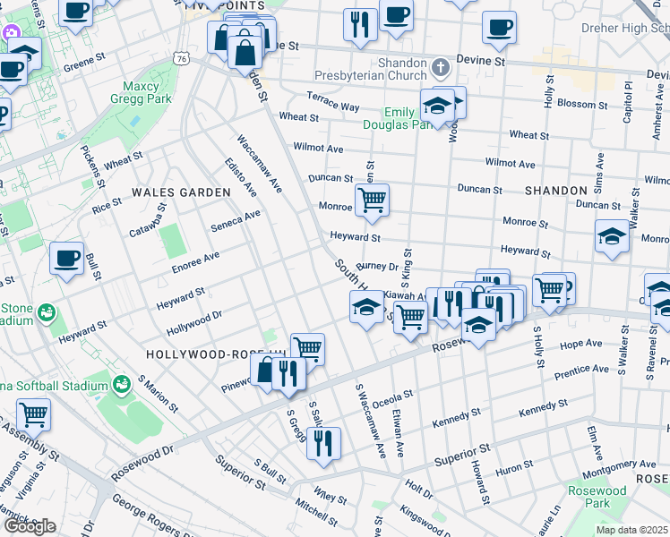 map of restaurants, bars, coffee shops, grocery stores, and more near 116 South Waccamaw Avenue in Columbia