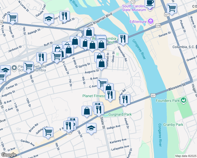 map of restaurants, bars, coffee shops, grocery stores, and more near 403 B Avenue in West Columbia