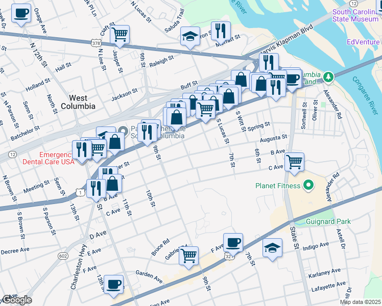 map of restaurants, bars, coffee shops, grocery stores, and more near 766 Augusta Street in West Columbia