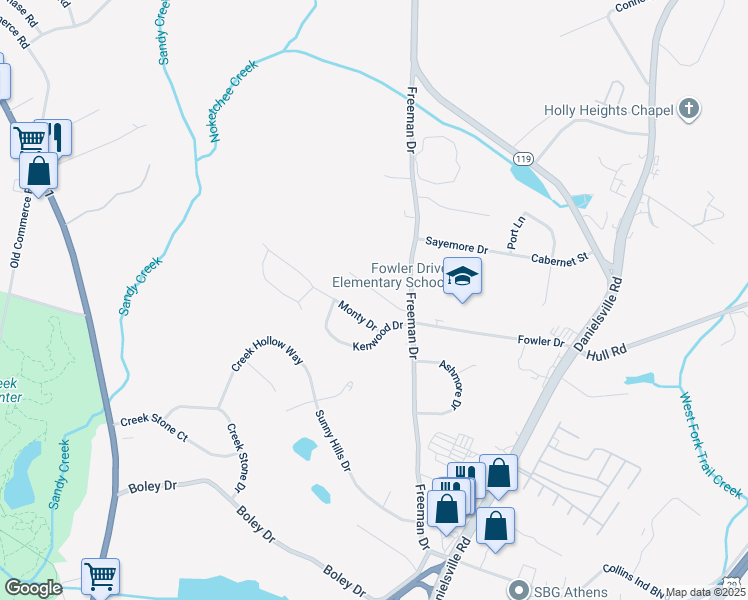 map of restaurants, bars, coffee shops, grocery stores, and more near 117 Loblolly Drive in Athens