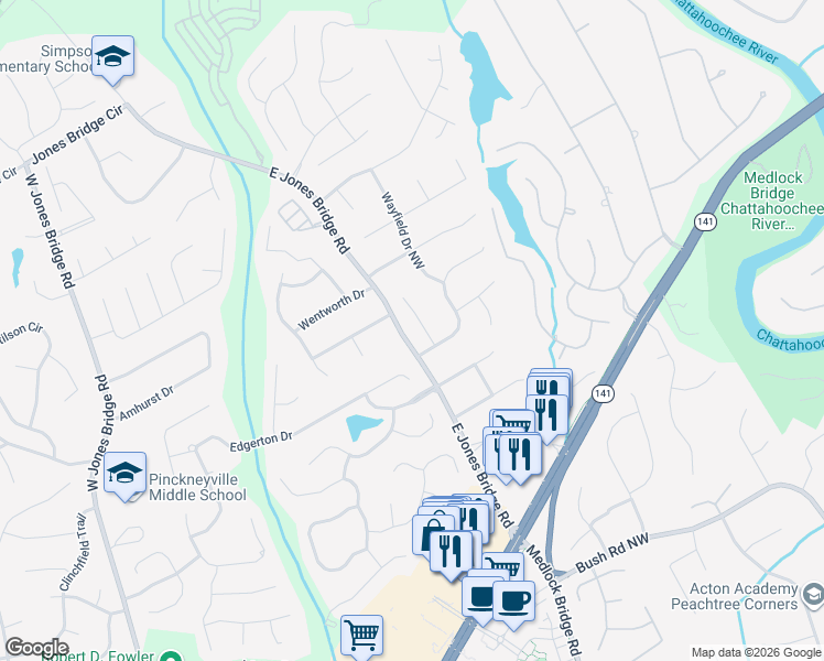 map of restaurants, bars, coffee shops, grocery stores, and more near 4147 Westerleigh Court Northwest in Norcross