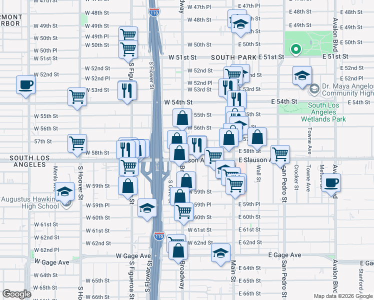 map of restaurants, bars, coffee shops, grocery stores, and more near 5734 South Broadway in Los Angeles