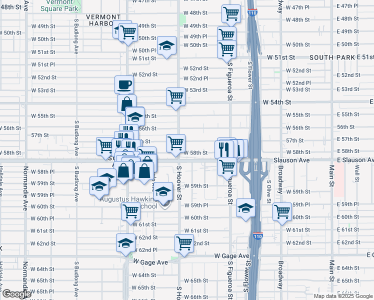 map of restaurants, bars, coffee shops, grocery stores, and more near 723 West 58th Street in Los Angeles