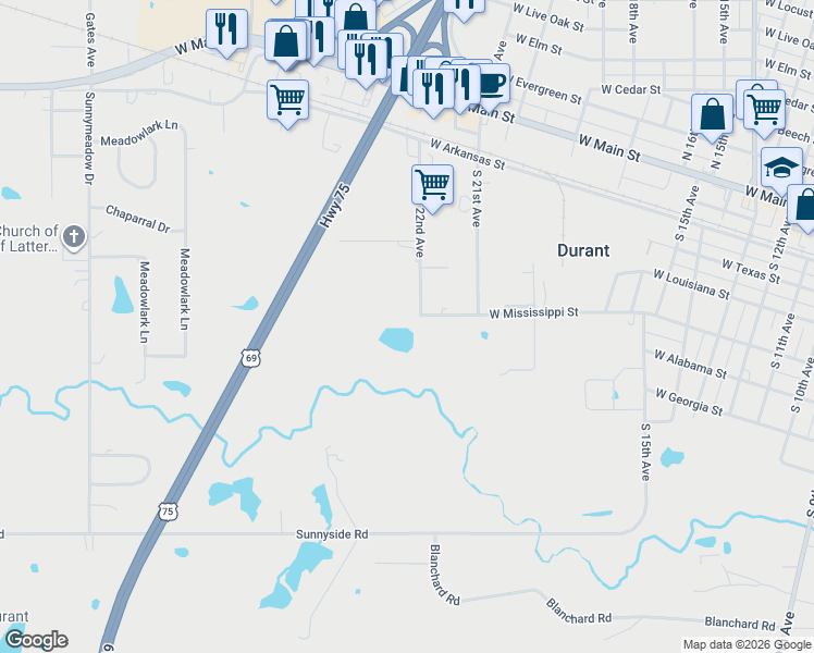 map of restaurants, bars, coffee shops, grocery stores, and more near 234 South 22nd Avenue in Durant