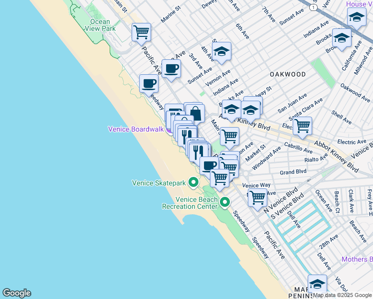 map of restaurants, bars, coffee shops, grocery stores, and more near 1007 Ocean Front Walk in Los Angeles