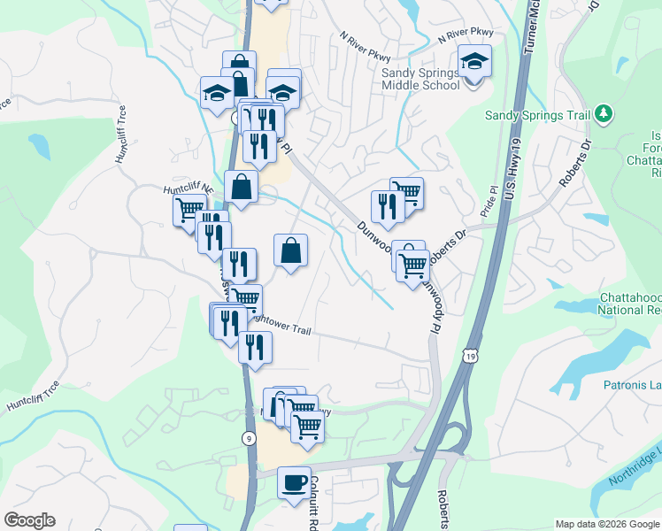 map of restaurants, bars, coffee shops, grocery stores, and more near 750 Towergate Place in Atlanta