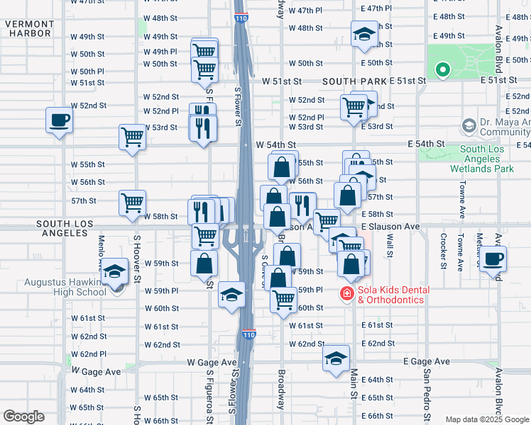 map of restaurants, bars, coffee shops, grocery stores, and more near 331 West 58th Street in Los Angeles