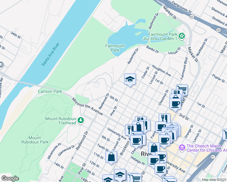 map of restaurants, bars, coffee shops, grocery stores, and more near 4478 4th Street in Riverside