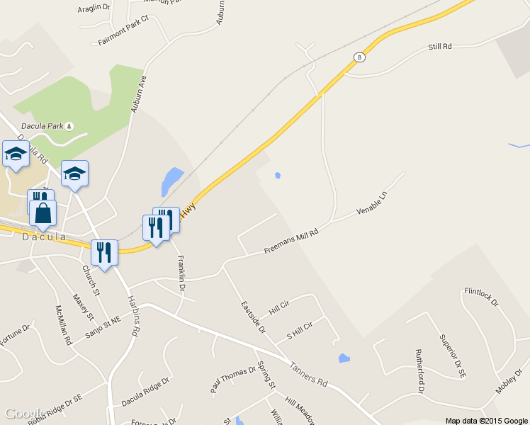 map of restaurants, bars, coffee shops, grocery stores, and more near 2831 Eunice Holcomb Circle in Dacula