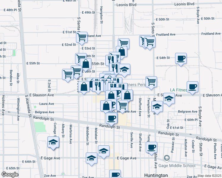 map of restaurants, bars, coffee shops, grocery stores, and more near 5805 Pacific Boulevard in Huntington Park