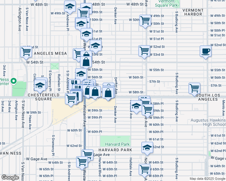 map of restaurants, bars, coffee shops, grocery stores, and more near 1611 West 58th Street in Los Angeles