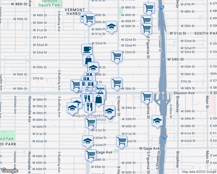 map of restaurants, bars, coffee shops, grocery stores, and more near 841 West 58th Street in Los Angeles