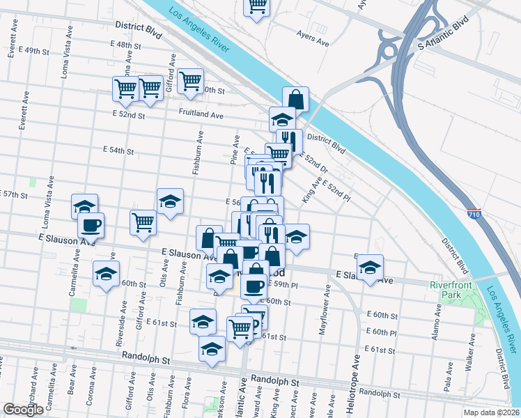map of restaurants, bars, coffee shops, grocery stores, and more near 5600 Atlantic Boulevard in Maywood