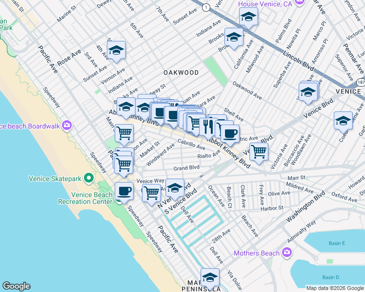 map of restaurants, bars, coffee shops, grocery stores, and more near 542 Altair Place in Los Angeles
