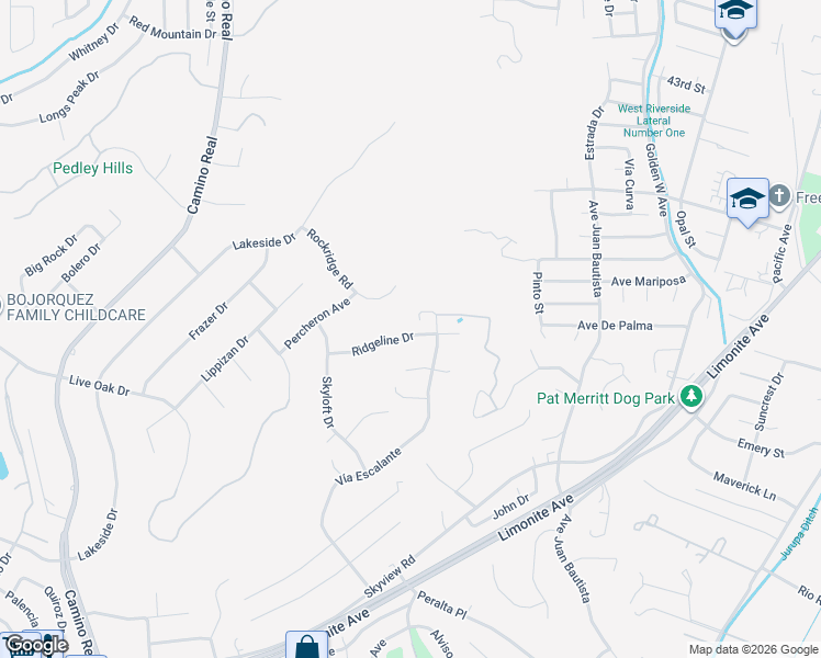 map of restaurants, bars, coffee shops, grocery stores, and more near 7185 Ridgeline Drive in Riverside