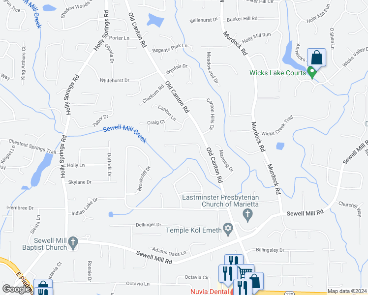 map of restaurants, bars, coffee shops, grocery stores, and more near 2960 Nestle Creek Drive in Marietta