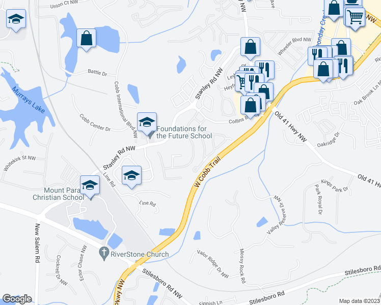 map of restaurants, bars, coffee shops, grocery stores, and more near 1530 Anna Ruby Ln Heights in Kennesaw