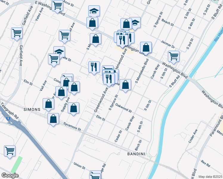 map of restaurants, bars, coffee shops, grocery stores, and more near 1220 South Greenwood Avenue in Montebello