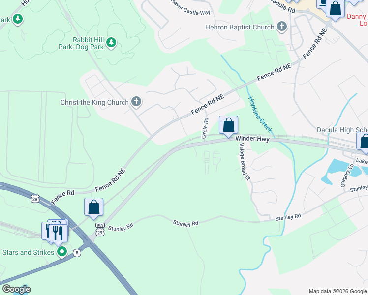 map of restaurants, bars, coffee shops, grocery stores, and more near 2065 Winder Highway in Dacula