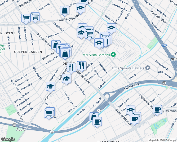map of restaurants, bars, coffee shops, grocery stores, and more near 12311 Marshall St in Culver City