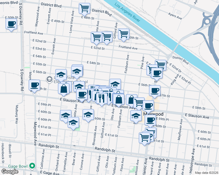 map of restaurants, bars, coffee shops, grocery stores, and more near 4101 East 57th Street in Maywood