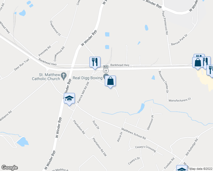 map of restaurants, bars, coffee shops, grocery stores, and more near 741 West Winder Industrial Parkway in Winder