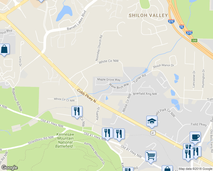 map of restaurants, bars, coffee shops, grocery stores, and more near 707 Pear Grove PI Northwest in Marietta