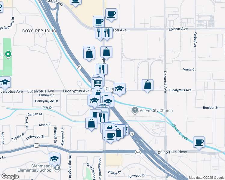 map of restaurants, bars, coffee shops, grocery stores, and more near Eucalyptus Court in Chino