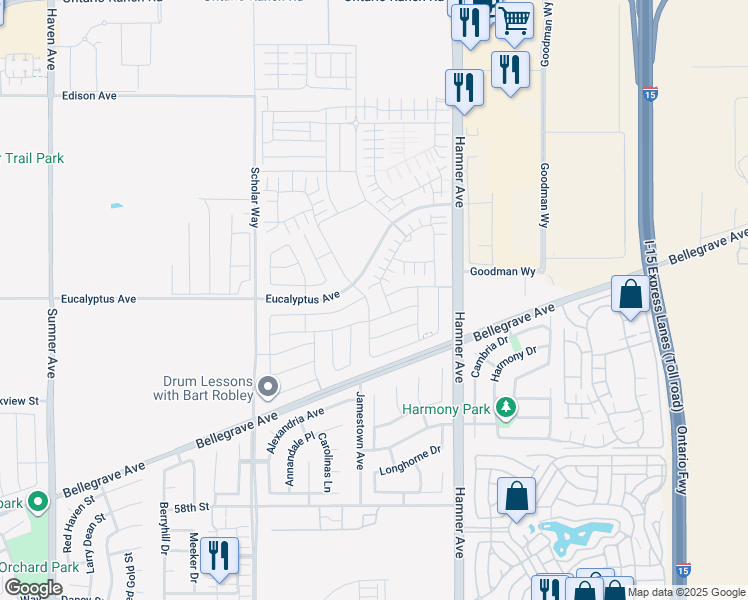 map of restaurants, bars, coffee shops, grocery stores, and more near 4613 South Amherst Privado in Ontario