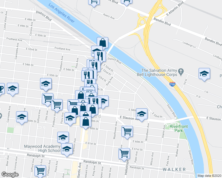 map of restaurants, bars, coffee shops, grocery stores, and more near 4627 East 56th Street in Maywood
