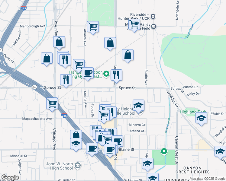 map of restaurants, bars, coffee shops, grocery stores, and more near 1307 Wheaton Way in Riverside