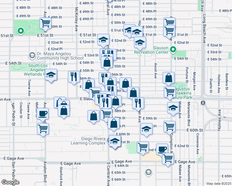 map of restaurants, bars, coffee shops, grocery stores, and more near 1140 E 58th St in Los Angeles