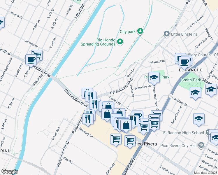 map of restaurants, bars, coffee shops, grocery stores, and more near 8416 Glendola Drive in Pico Rivera
