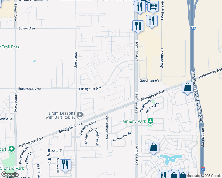 map of restaurants, bars, coffee shops, grocery stores, and more near 4613 South Amherst Privado in Ontario