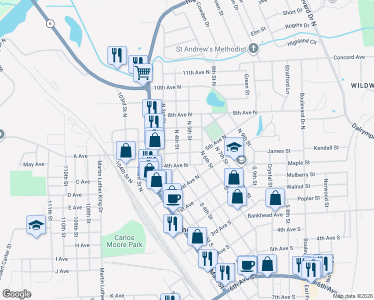 map of restaurants, bars, coffee shops, grocery stores, and more near 409 5th Avenue North in Amory