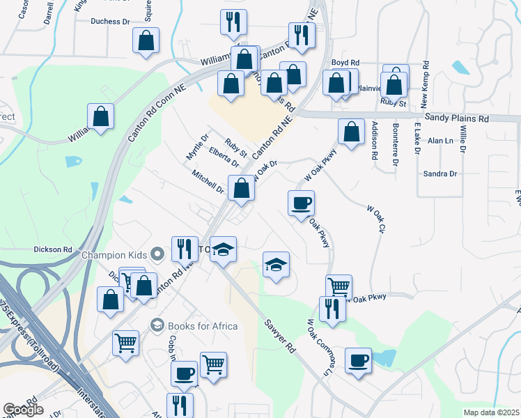 map of restaurants, bars, coffee shops, grocery stores, and more near 1598 Kings Road in Marietta