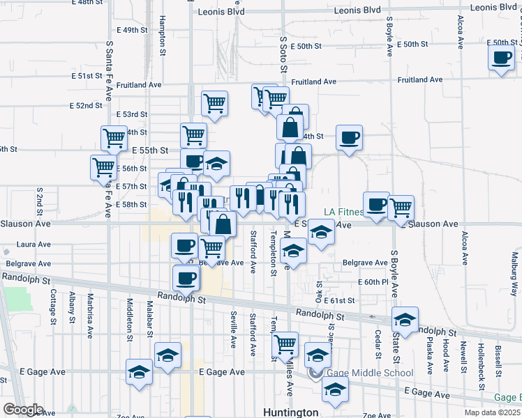 map of restaurants, bars, coffee shops, grocery stores, and more near 2746 East 58th Street in Huntington Park