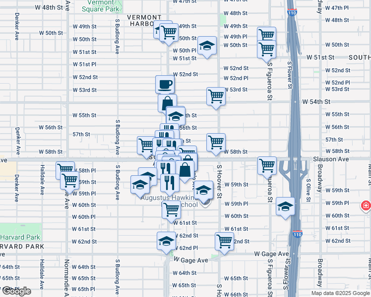 map of restaurants, bars, coffee shops, grocery stores, and more near 921 West 58th Street in Los Angeles