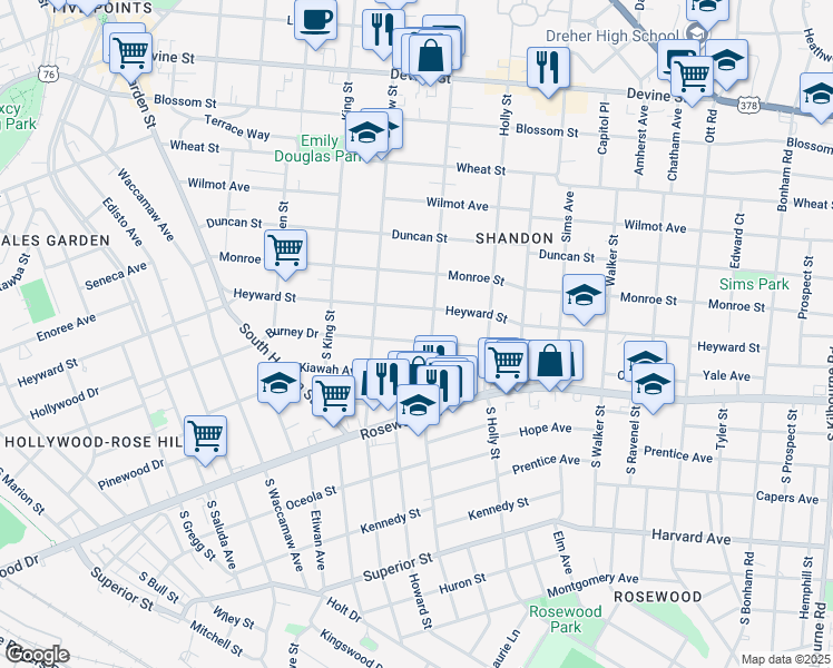 map of restaurants, bars, coffee shops, grocery stores, and more near 2737 Burney Drive in Columbia