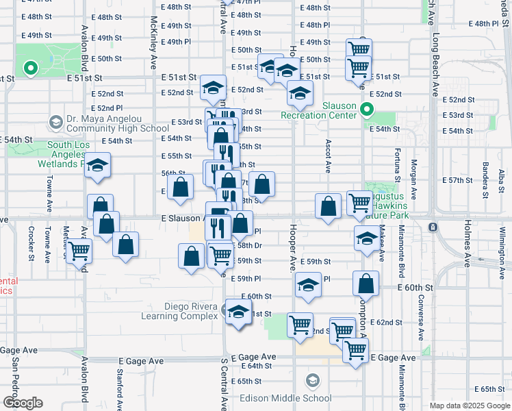 map of restaurants, bars, coffee shops, grocery stores, and more near 1202 East 58th Street in Los Angeles