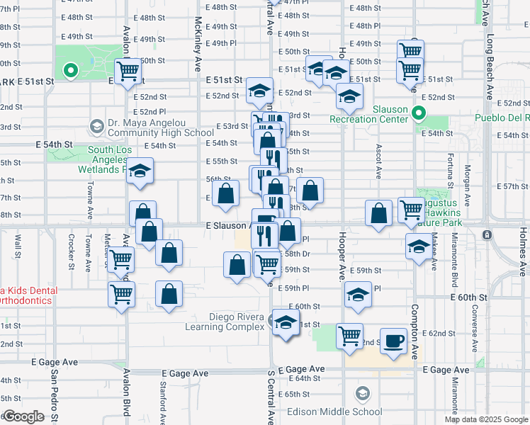 map of restaurants, bars, coffee shops, grocery stores, and more near 5801 South Central Avenue in Los Angeles