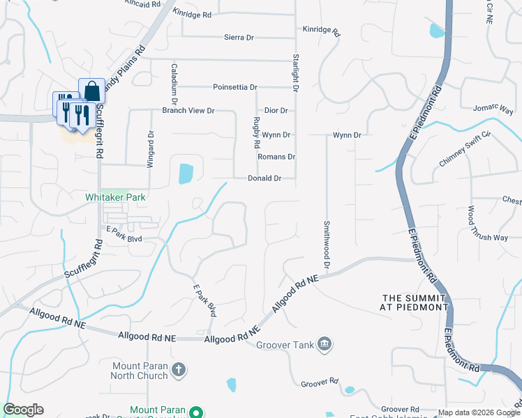 map of restaurants, bars, coffee shops, grocery stores, and more near 1511 Oakmoor Place in Marietta