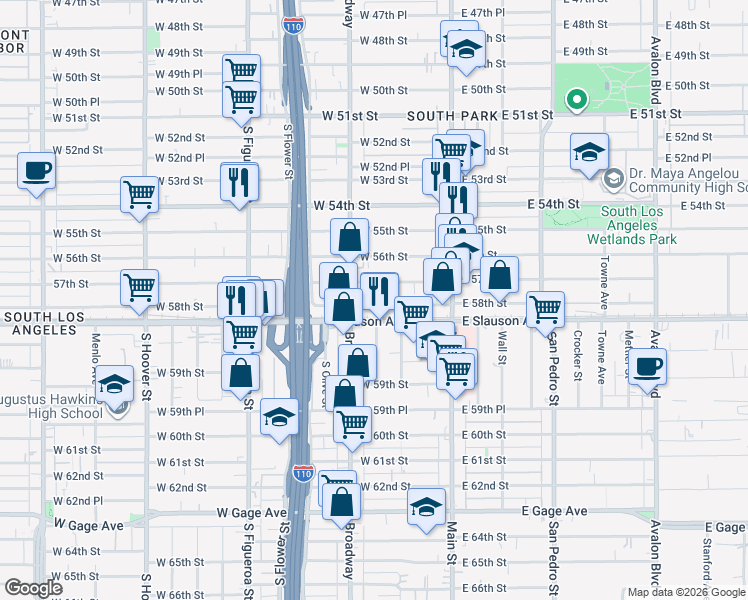 map of restaurants, bars, coffee shops, grocery stores, and more near 5724 South Broadway in Los Angeles