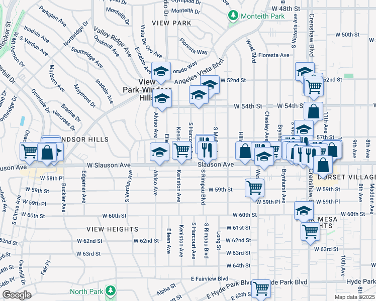 map of restaurants, bars, coffee shops, grocery stores, and more near 5729 South Harcourt Avenue in View Park-Windsor Hills
