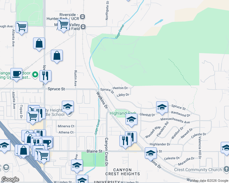 map of restaurants, bars, coffee shops, grocery stores, and more near 845 Spruce Street in Riverside
