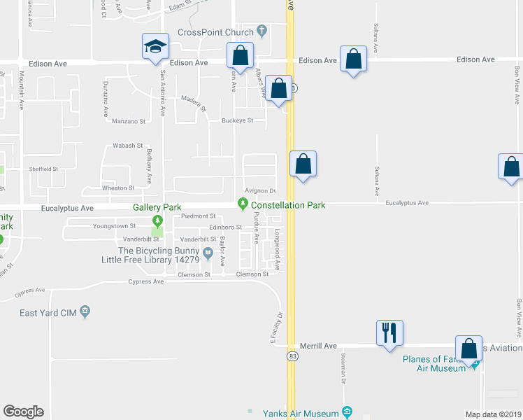 map of restaurants, bars, coffee shops, grocery stores, and more near 14511 Purdue Avenue in Chino